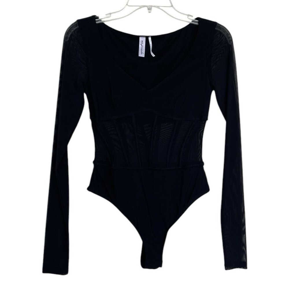 Out From Under Bodysuit Womens Size Small S Black V Neck Sheer Middle Long Sleev
